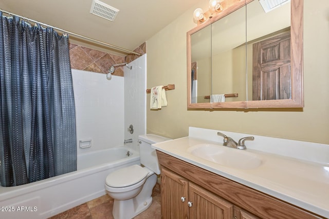 full bathroom featuring vanity, shower / bath combination with curtain, and toilet