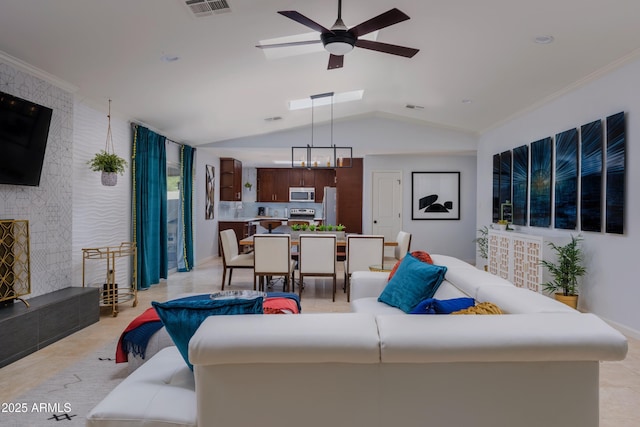 8338 E Monterosa St, Scottsdale, AZ 85251 - living area with lofted ceiling, a ceiling fan, and visible vents