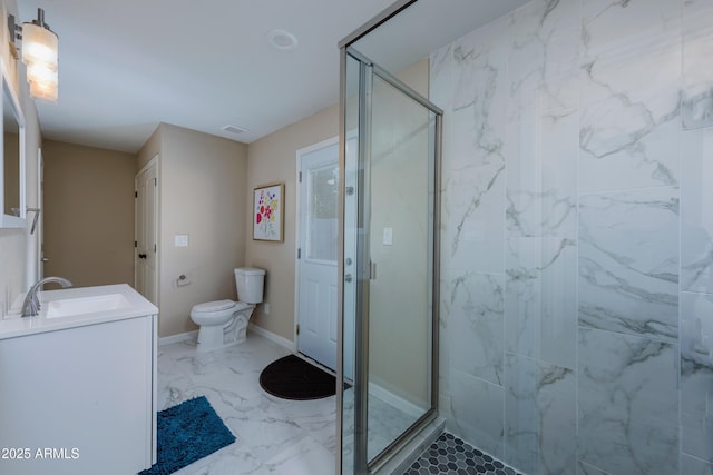8338 E Monterosa St, Scottsdale, AZ 85251 - bathroom featuring a shower stall, vanity, visible vents, toilet, and marble finish floor