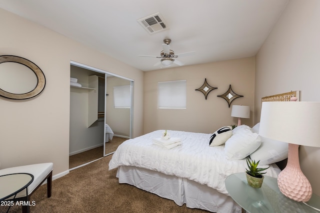 8338 E Monterosa St, Scottsdale, AZ 85251 - carpeted bedroom featuring a closet, visible vents, baseboards, and ceiling fan