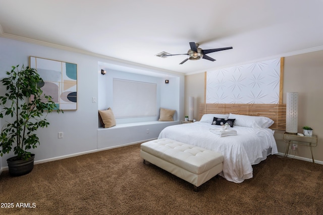 8338 E Monterosa St, Scottsdale, AZ 85251 - bedroom with crown molding, visible vents, ceiling fan, and carpet flooring