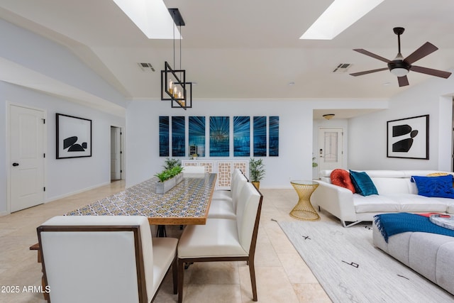 8338 E Monterosa St, Scottsdale, AZ 85251 - dining area featuring light tile patterned floors, a ceiling fan, visible vents, and lofted ceiling with skylight