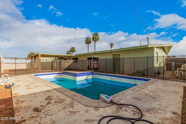 view of swimming pool featuring a fenced backyard, a fenced in pool, and a patio