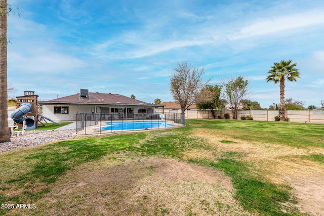 exterior space with central air condition unit, a fenced in pool, playground community, and a fenced backyard