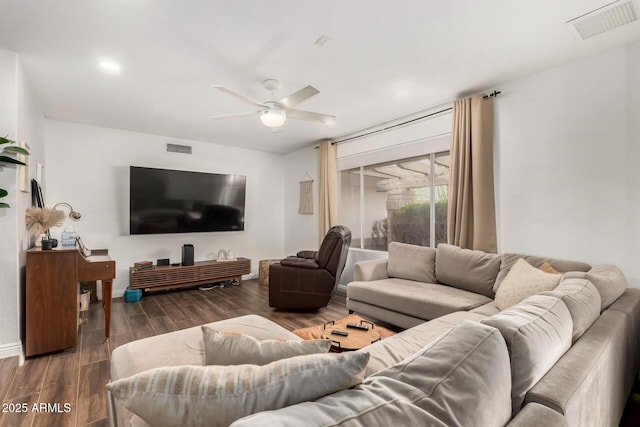 living area with visible vents, recessed lighting, ceiling fan, and wood finished floors