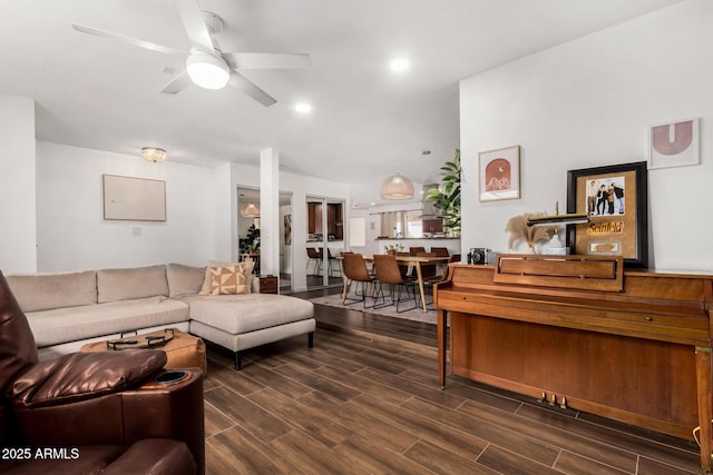 living room with recessed lighting, a ceiling fan, and wood finish floors