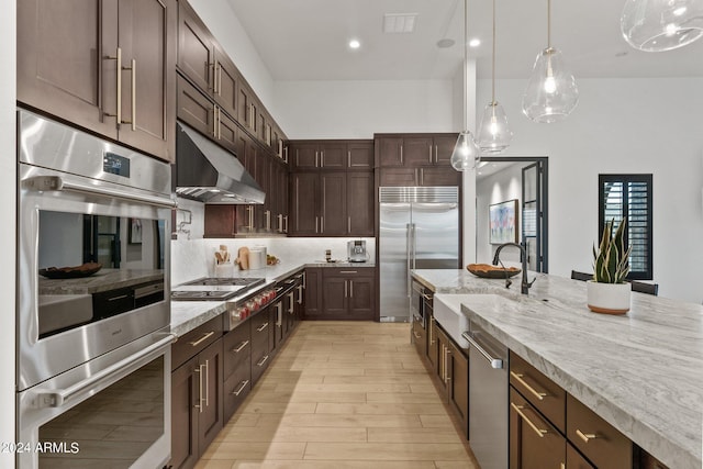 kitchen featuring light stone counters, light wood-style flooring, under cabinet range hood, stainless steel appliances, and a sink