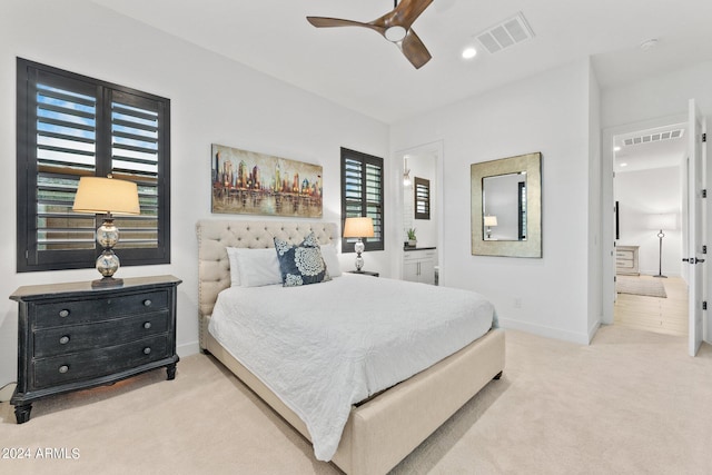 bedroom featuring carpet floors, recessed lighting, visible vents, and baseboards