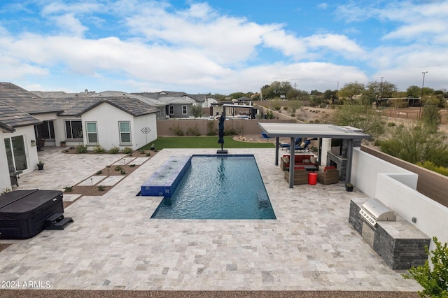 view of pool with a fenced in pool, a hot tub, area for grilling, a patio area, and a fenced backyard