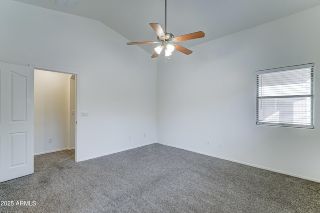 carpeted empty room with visible vents, baseboards, a ceiling fan, and vaulted ceiling