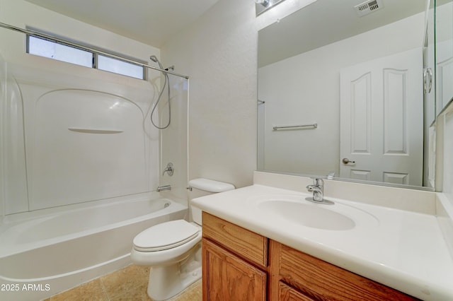 full bath featuring visible vents, toilet, shower / washtub combination, tile patterned flooring, and vanity