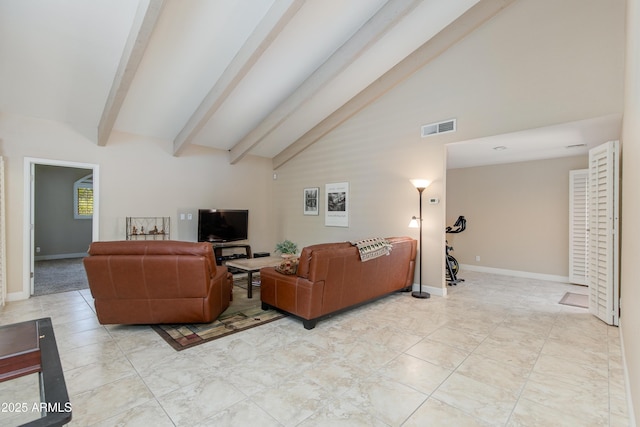 living room with beamed ceiling, baseboards, and high vaulted ceiling