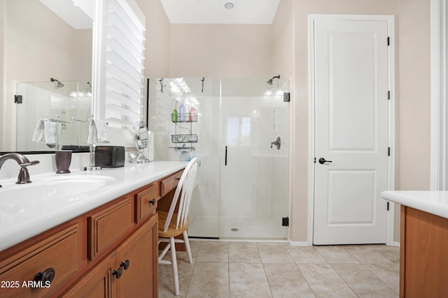 full bathroom featuring tile patterned flooring, a shower stall, and vanity