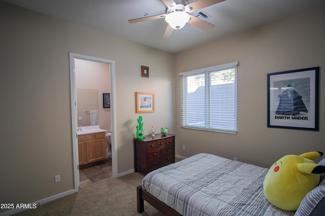 14045 E Geronimo Rd, Scottsdale, AZ 85259 - carpeted bedroom with baseboards, a ceiling fan, ensuite bathroom, and visible vents