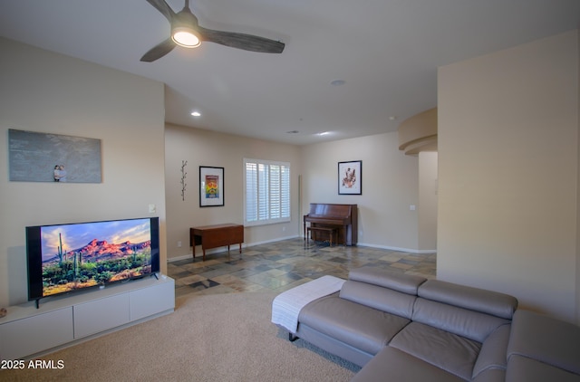 14045 E Geronimo Rd, Scottsdale, AZ 85259 - carpeted living area with a ceiling fan, baseboards, and recessed lighting