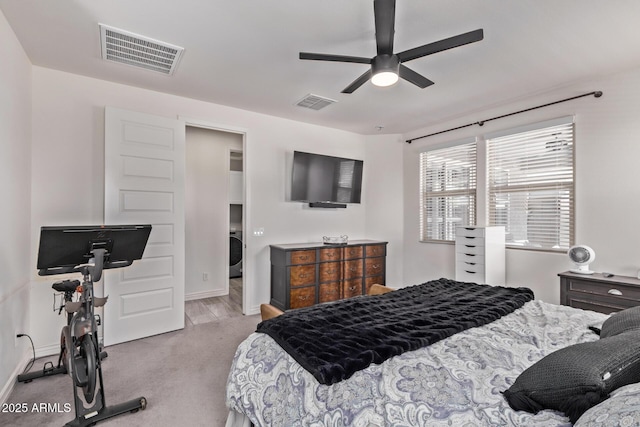 carpeted bedroom with baseboards and a ceiling fan
