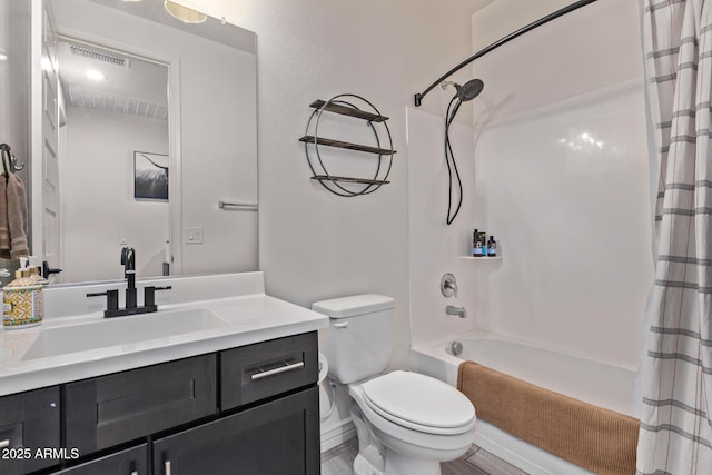 full bathroom with toilet, vanity, and shower / bathtub combination with curtain