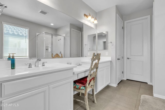 bathroom with tile patterned flooring, vanity, and a shower with shower door