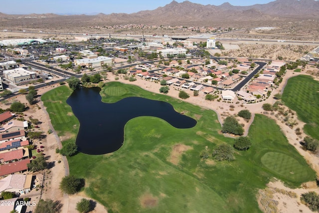 bird's eye view featuring a water and mountain view