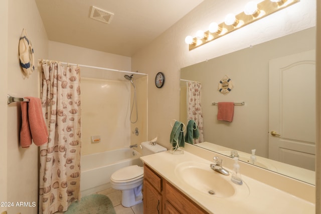 full bathroom with vanity, shower / tub combo, toilet, and tile patterned flooring