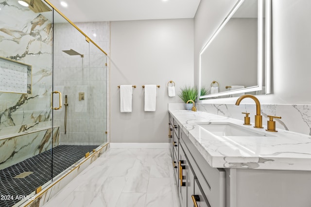 bathroom with walk in shower, large vanity, and tile floors