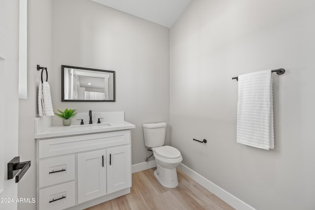 bathroom with wood-type flooring, vanity, and toilet