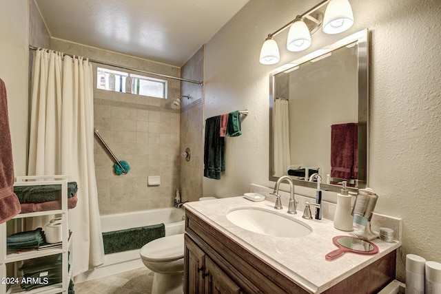 full bathroom with oversized vanity, tile floors, toilet, and shower / bath combination with curtain