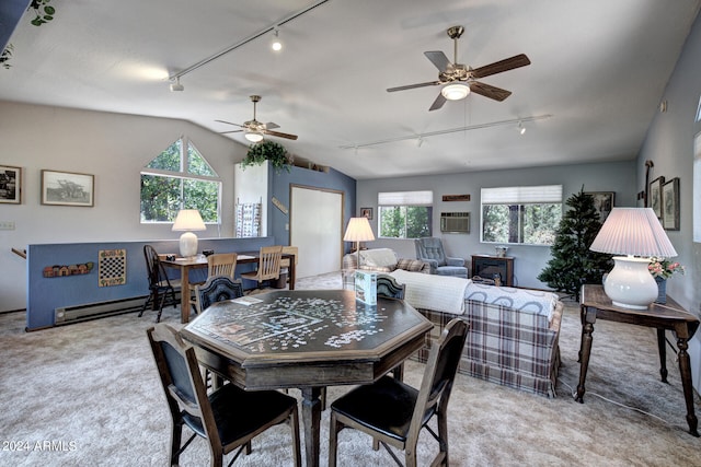 dining space featuring a healthy amount of sunlight, track lighting, and ceiling fan