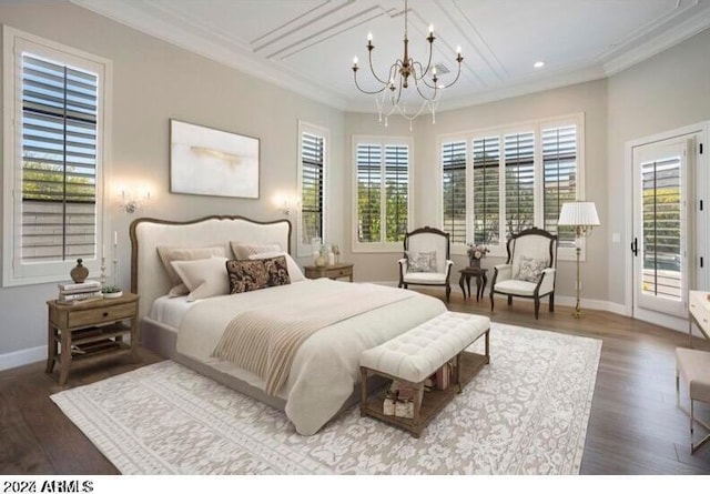 bedroom with access to outside, crown molding, hardwood / wood-style floors, and a notable chandelier