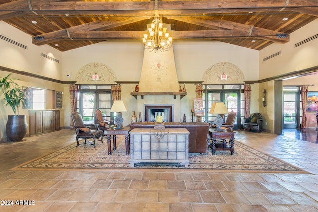 living room with french doors, high vaulted ceiling, a wealth of natural light, and wood ceiling