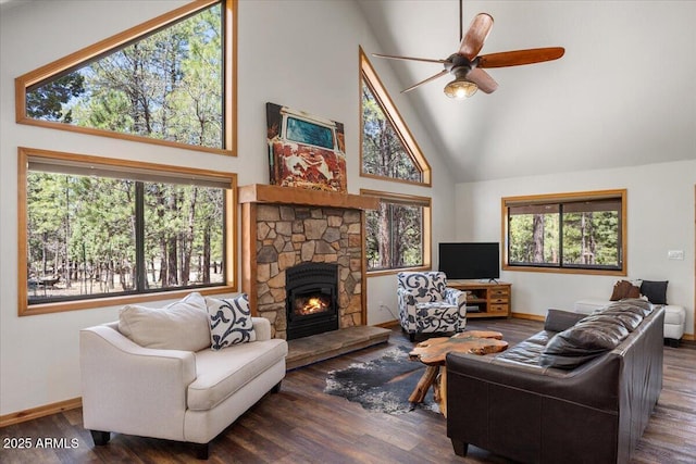4170 Apache Dr, Happy Jack, AZ 86024 - living area featuring high vaulted ceiling, wood finished floors, baseboards, a fireplace, and ceiling fan
