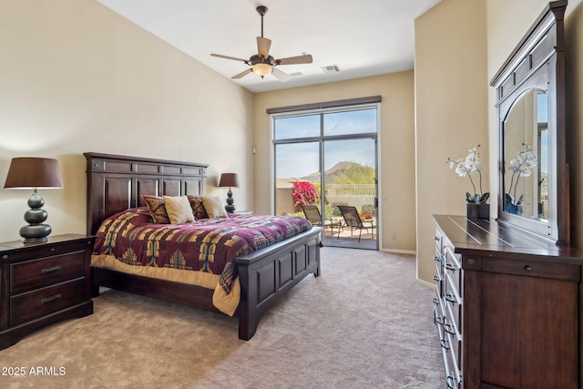 bedroom with access to exterior, visible vents, baseboards, ceiling fan, and light colored carpet