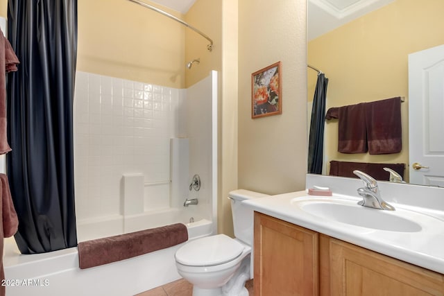 full bathroom featuring toilet, shower / tub combo, and vanity