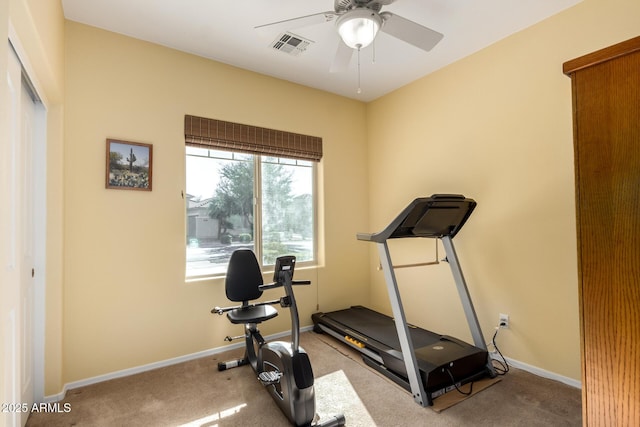 workout room with ceiling fan and carpet flooring