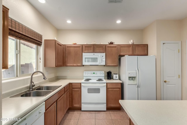 kitchen featuring light tile patterned floors, sink, and white appliances