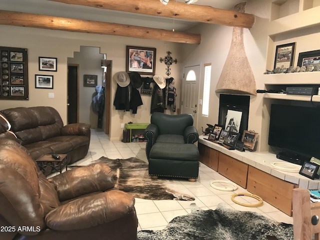 39281 Ave 61 Unit 1/2, Salome, AZ 85348 - tiled living room with beamed ceiling