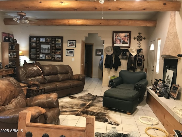 39281 Ave 61 Unit 1/2, Salome, AZ 85348 - tiled living room featuring a ceiling fan and beamed ceiling