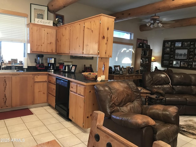 39281 Ave 61 Unit 1/2, Salome, AZ 85348 - kitchen featuring open floor plan, dishwasher, a sink, light tile patterned floors, and a ceiling fan