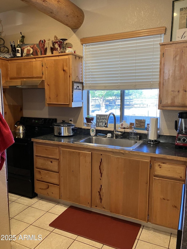 39281 Ave 61 Unit 1/2, Salome, AZ 85348 - kitchen featuring black range with electric cooktop, a sink, dark countertops, and light tile patterned flooring