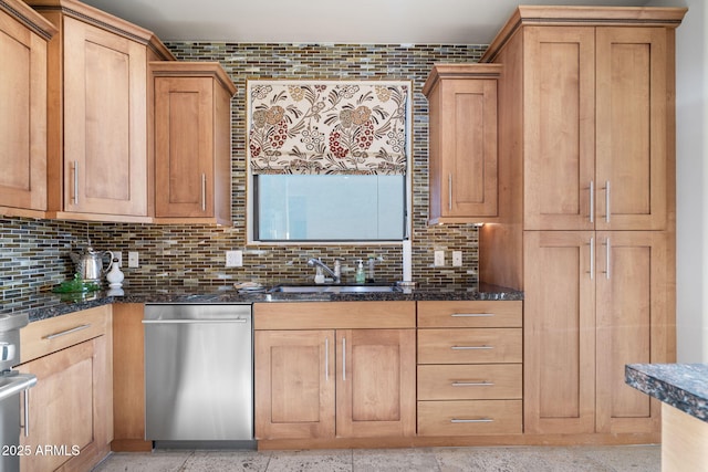 kitchen featuring stainless steel dishwasher, decorative backsplash, dark stone countertops, and sink