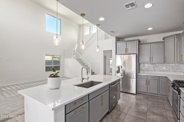 kitchen featuring pendant lighting, sink, gray cabinetry, appliances with stainless steel finishes, and a center island with sink