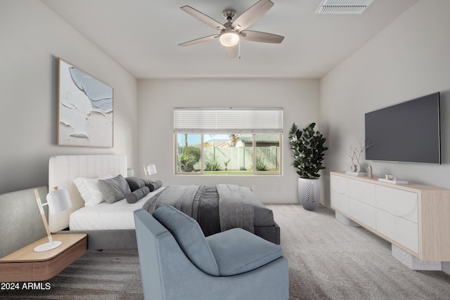 carpeted living room with ceiling fan