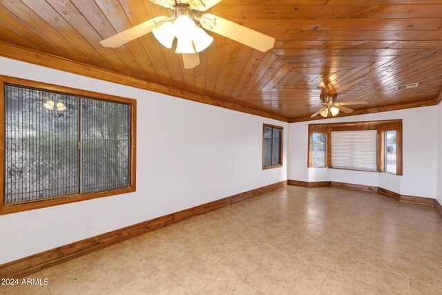 unfurnished room featuring wooden ceiling and ceiling fan