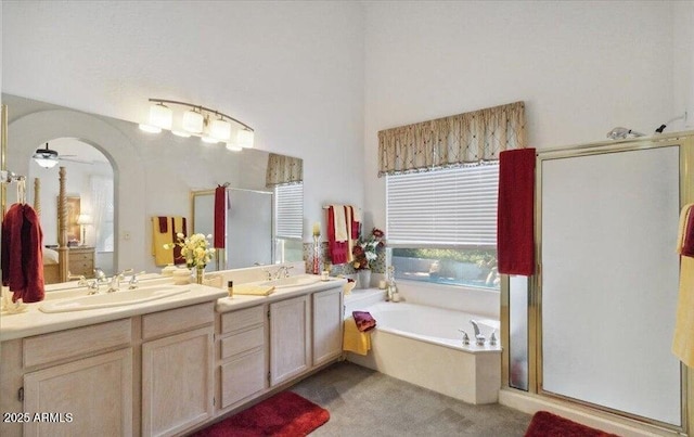 4223 E Wildcat Dr, Cave Creek, AZ 85331 - full bathroom with a bath, a shower stall, double vanity, and ceiling fan