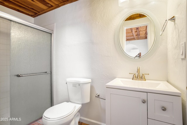 full bathroom with a stall shower, vanity, toilet, and wood ceiling