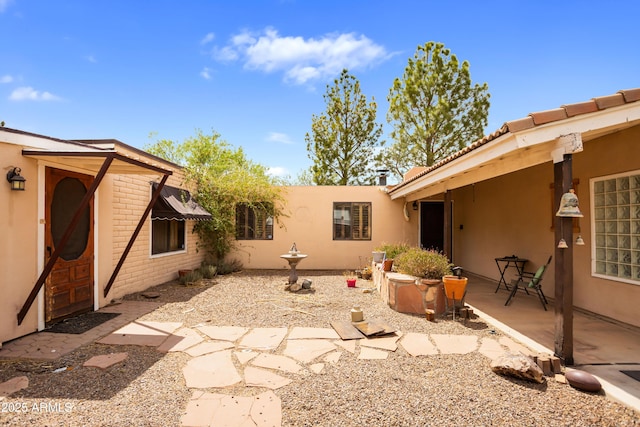 rear view of property featuring stucco siding and a patio