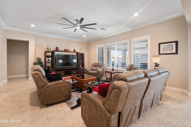 tiled living room with crown molding and ceiling fan