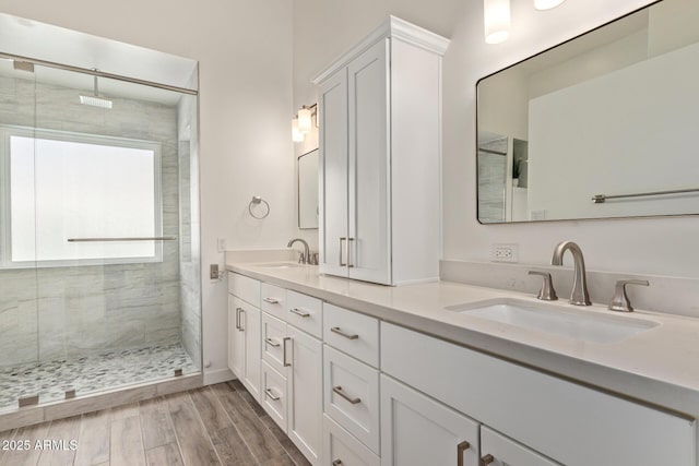 bathroom with a shower stall, wood finished floors, and a sink