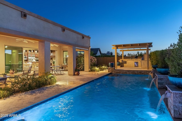 view of pool with a fenced in pool, a patio, area for grilling, and a ceiling fan