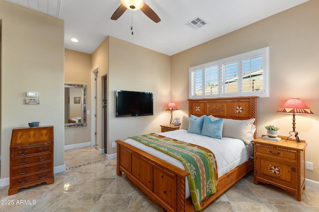 bedroom featuring recessed lighting, a ceiling fan, visible vents, and baseboards